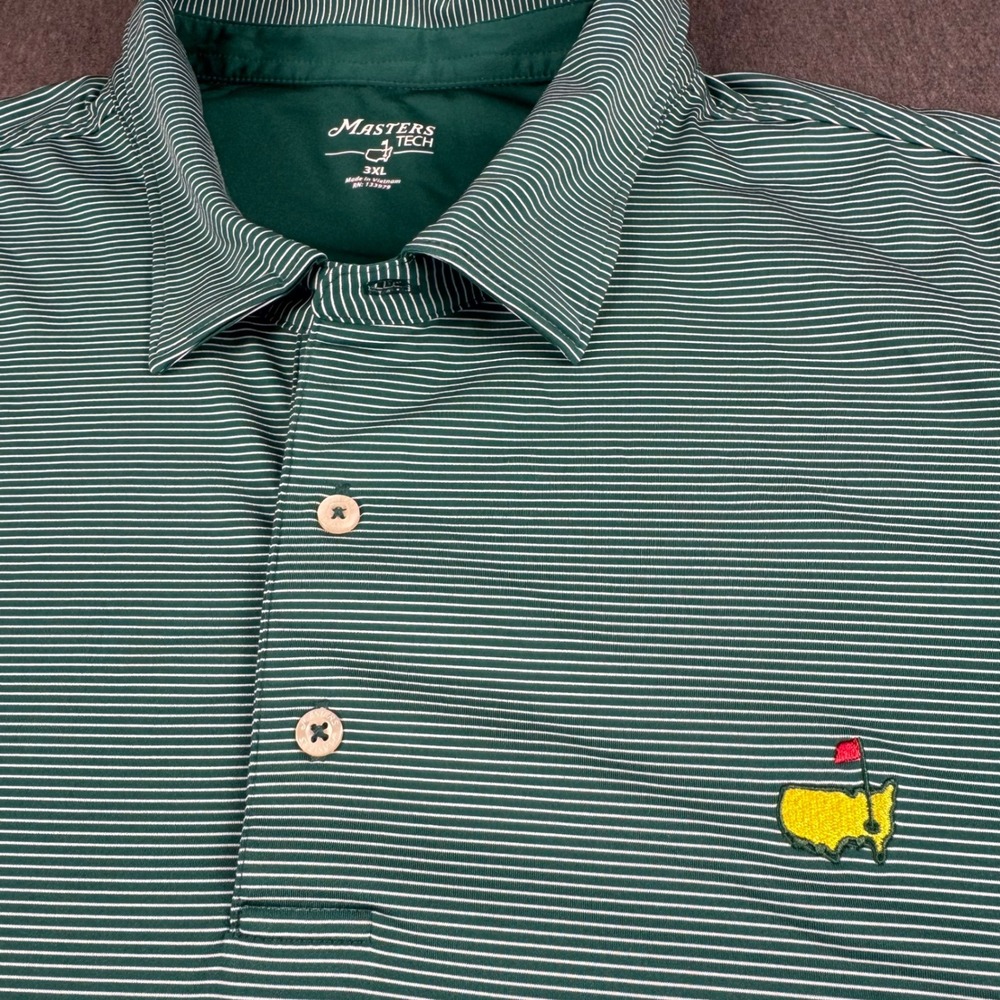 Masters Tech Mens 3XL Golf Polo Shirt Green White Striped Performance Logo Pique